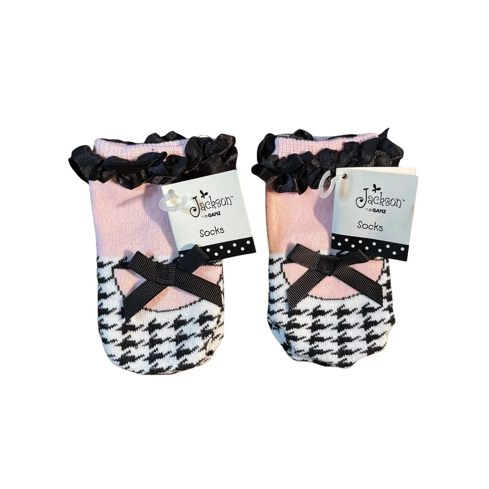 Jackson Ganz Houndstooth Ruffle Bow Socks Pink Baby 0-12 Months 2 Pair